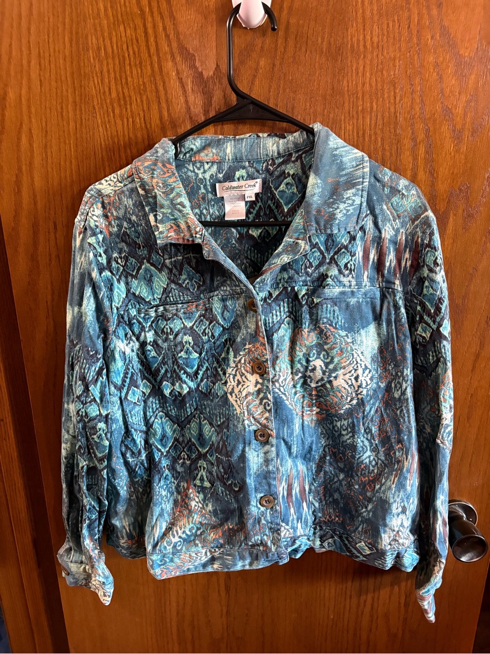 Coldwater Creek Teal and Aqua Patterned Button-Front Shirt Jacket